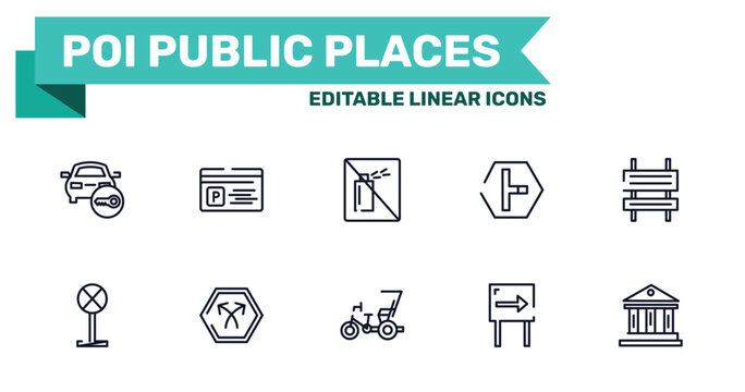 poi public places outline icon set featuring locked car, parking card, cycle rickshaw, one way icons.