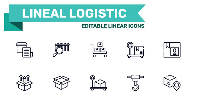 lineal logistic outline icon set featuring delivery invoice, barcode scan, box weight, container hanging icons.