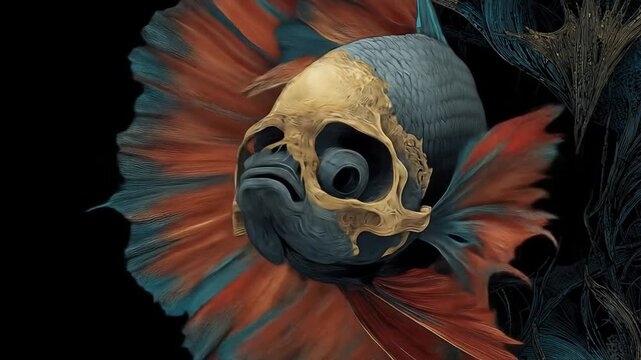 Artistic depiction of a colorful fish with skull markings on a black background