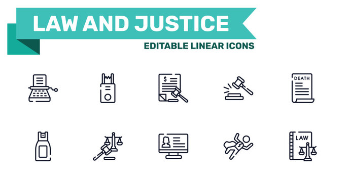 law and justice outline icon set featuring stenographer, electroshock weapon, criminal database, crime scene icons.