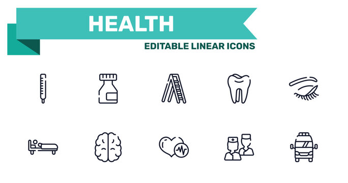 health outline icon set featuring thermometer reading temperature, medicine flask, heart beats, two nurses icons.