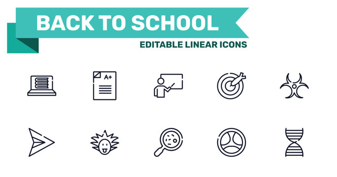 back to school outline icon set featuring e-learning, scores, microorganism, driving icons.
