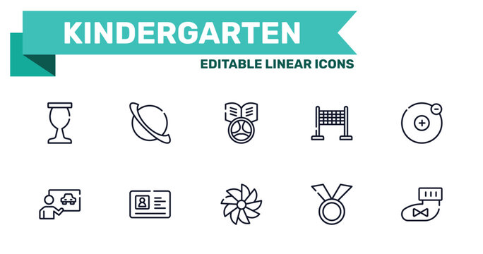 kindergarten outline icon set featuring sports and competition, saturn, whirligig, medals icons.