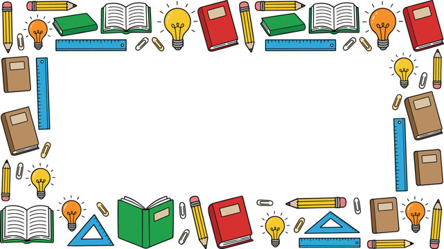 A vibrant and whimsical border of colorful school supplies like books pencils lightbulbs rulers and paperclips arranged in a decorative pattern on a white background