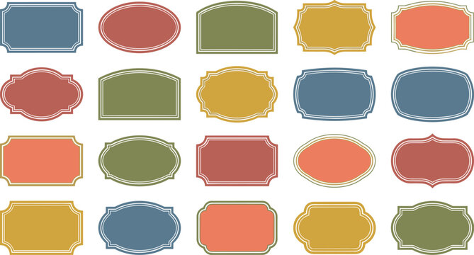 Collection of diverse ornamental decorative frames and labels with varied shapes and solid colors presented in a grid layout on a neutral background for graphic design purposes