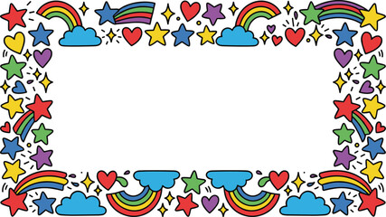 Fototapeta premium Whimsical border design featuring colorful handdrawn rainbows stars hearts and clouds creating a fun playful frame for creative use