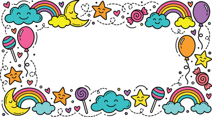 Whimsical cartoon border of smiling clouds crescent moons colorful rainbows cheerful stars floating balloons and sweet candies for childrens designs © Kumot Roy