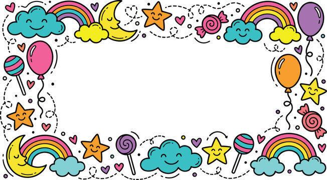 Whimsical cartoon border of smiling clouds crescent moons colorful rainbows cheerful stars floating balloons and sweet candies for childrens designs