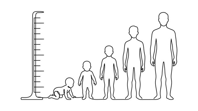 Human life cycle growth stages from baby to adult with height measurement chart.