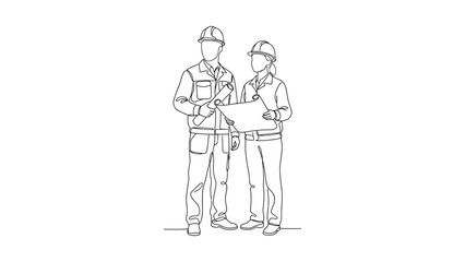 Obraz premium Line drawing of a male and female engineer working together on a construction site project.