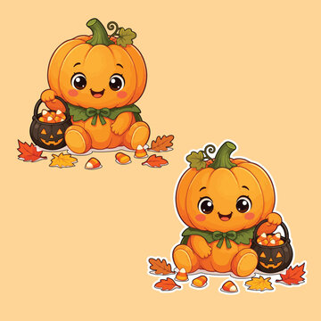 Cute Kawaii Pumpkin with Candy Bucket SVG