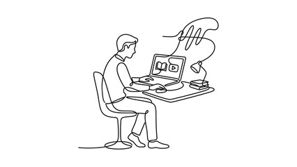 Fototapeta premium Continuous line drawing of a student studying on a laptop at a desk.