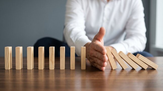 Businessman Hand Stopping Falling Wooden Blocks from Domino Effect on Table
