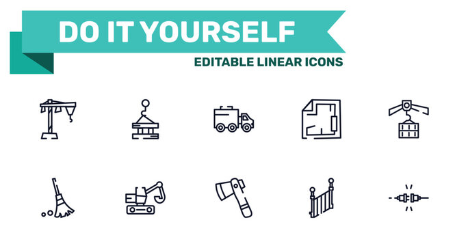 do it yourself outline icon set featuring construction hand drawn sketch, derrick with pallet, inclined ax, stairs side view icons.