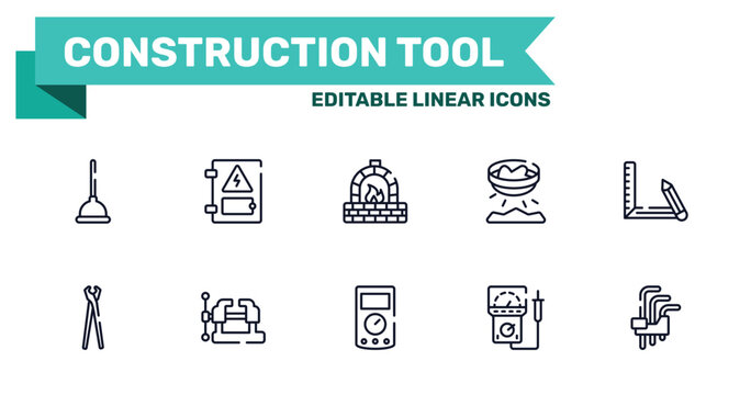construction tool outline icon set featuring plunger, electrical panel, ammeter, electric meter icons.