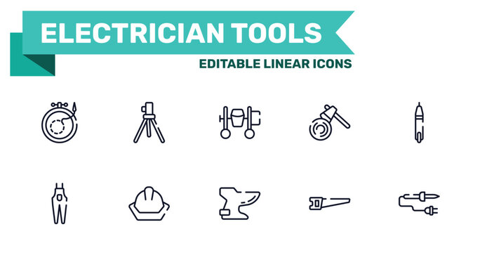 electrician tools outline icon set featuring embroidery, geodetic, bidet, hacksaw icons.