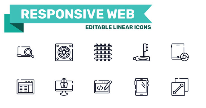 responsive web outline icon set featuring computer search, computer fan, editing code, big tablet icons.