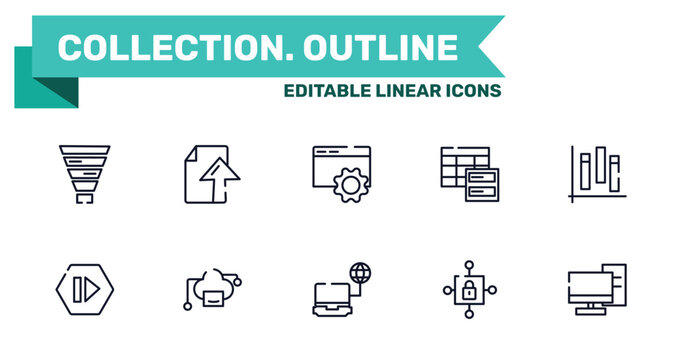 collection. outline outline icon set featuring funnel chart, ftp upload, computer connected to internet, locked internet security padlock icons.