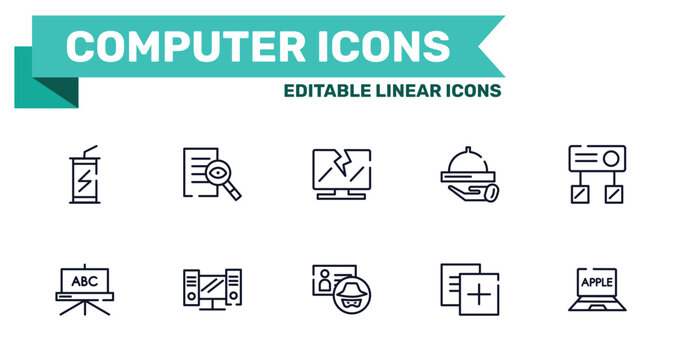 computer icons outline icon set featuring energy drink, investigation, identity theft, duplicate icons.