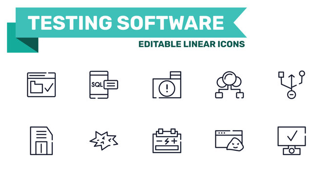testing software outline icon set featuring web security, sql, accumulator, rootkit icons.