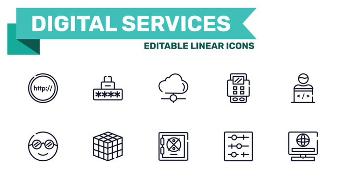 digital services outline icon set featuring http, security code, strongbox, tuning icons.