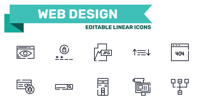 web design outline icon set featuring stalking, passwords, computer case, online robbery icons.