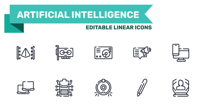 artificial intelligence outline icon set featuring 3d scanner, adapter, robot vacuum cleaner, digital pen icons.