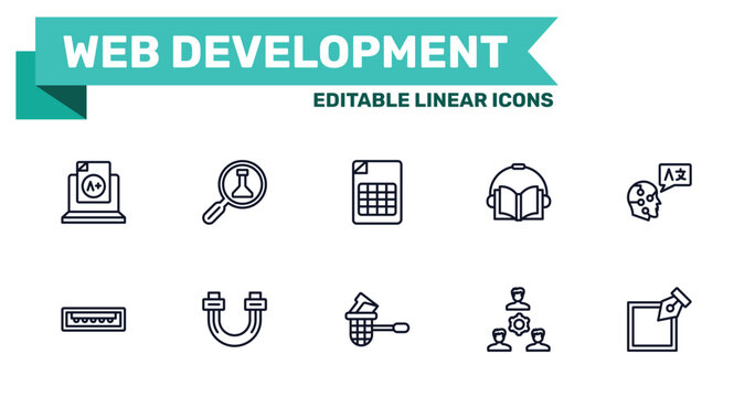 web development outline icon set featuring grades, science research, stealing data, work team icons.