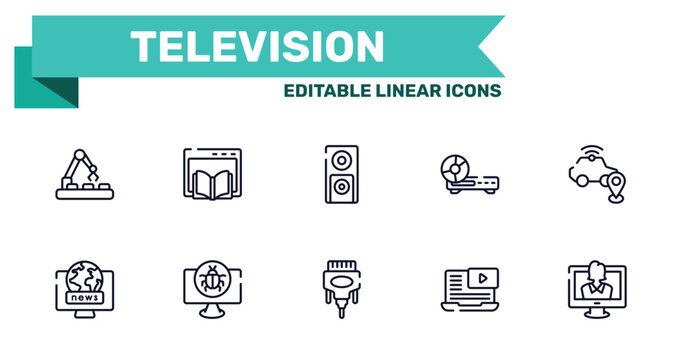 television outline icon set featuring conveyor belt, webpage, dvi, video lesson icons.