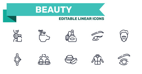 beauty outline icon set featuring gene, hair washing sink, face cream, parka icons. © VectorStockDesign