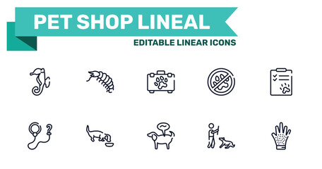 pet shop lineal outline icon set featuring sea horse, big shrimp, pet disease, man dog and stick icons. © VectorStockDesign