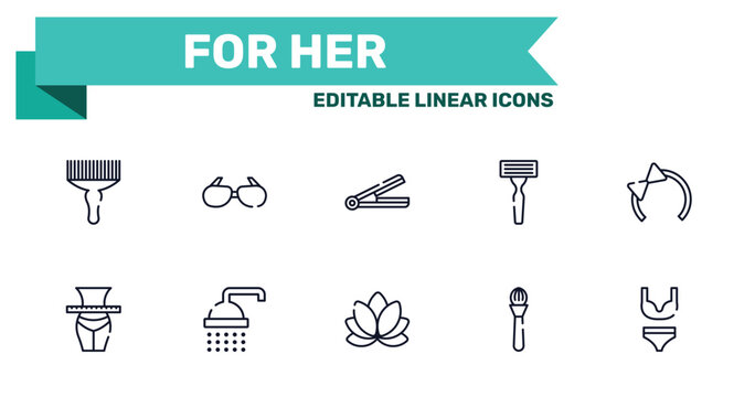 for her outline icon set featuring afro pick, sun glasses, lily, make icons.