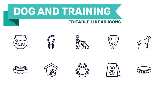 dog and training outline icon set featuring fish bowl, rope toy, big mite, cat food icons.