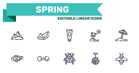 spring outline icon set featuring pyramids, watermelon, ladybird, unicycle icons. © VectorStockDesign