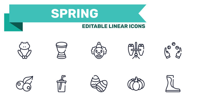 spring outline icon set featuring toad, african drums, eggs, pumpkin icons.