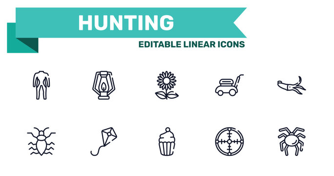 hunting outline icon set featuring diving suit, oil lamp, cupcake, crosshair icons.