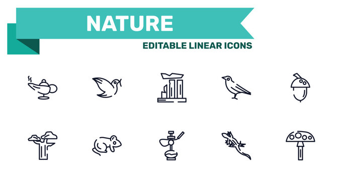 nature outline icon set featuring magic lamp, dove, hookah, lizard icons.