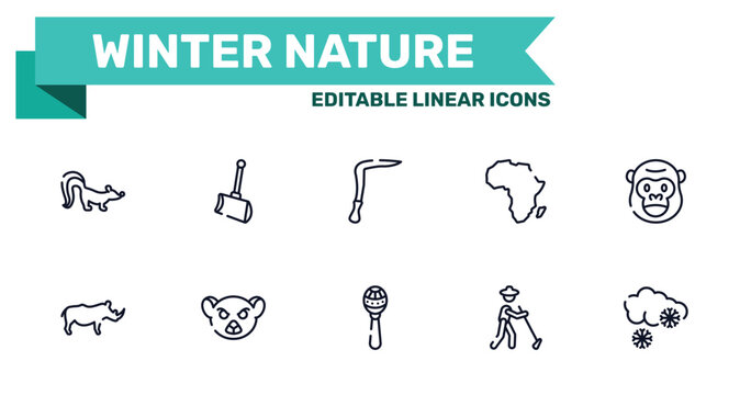 winter nature outline icon set featuring skunk, shovel, maracas, gardener icons.