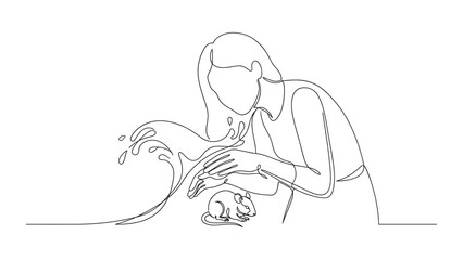 Obraz premium Continuous line drawing of a woman bathing a pet mouse.