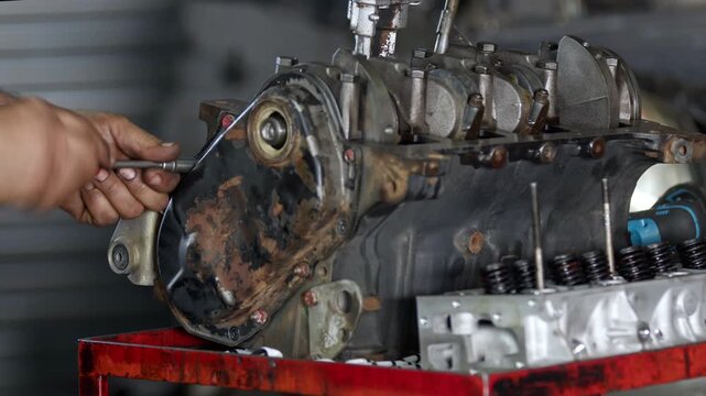 Close up shot of auto mechanic hands using a socket wrench tool to repair or adjust vehicle camshaft and valves in an open car engine. Professional automotive maintenance service workshop.
