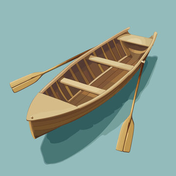 Wooden rowboat with oars, floating on calm water with shadow