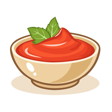 Cartoon bowl of tomato sauce with basil leaf