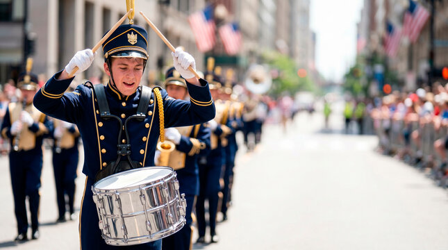 Young man percussionist playing snare drum in marching band during city parade. American patriotic celebration with flag on July 4th. Festive community event for Independence Day.
