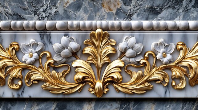 Golden Ornate Marble Border with White Flowers