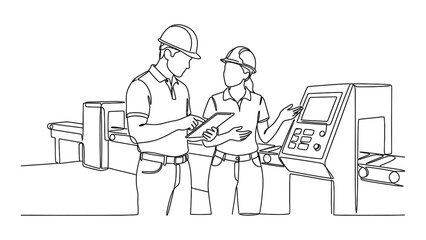 Fototapeta premium Two industrial workers wearing hard hats interacting with factory machinery control panel.
