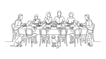 Obraz premium Line art illustration of a multi generational family having a festive dinner.