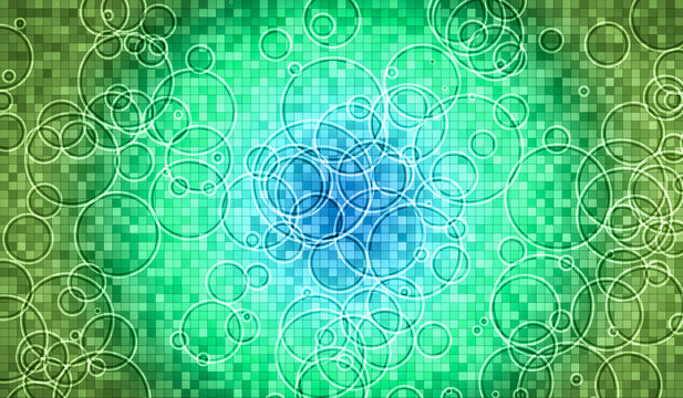 Abstract green composition with a tiled surface and concentric ripple patterns from falling drops, creating a calming organic texture inspired by water and nature.