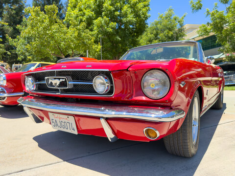 Red Classic Ford Mustang Front End At Car Show