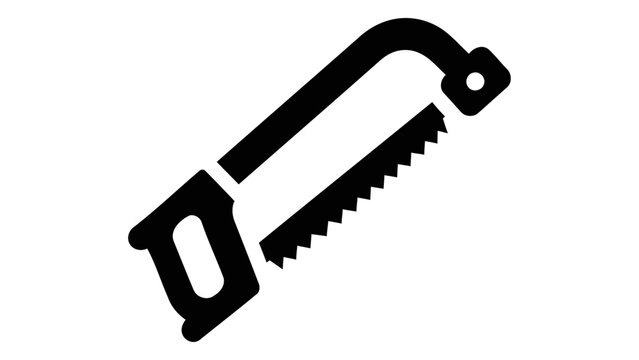 A black icon of a metal cutting hacksaw, isolated on a white background. The icon depicts the frame and the serrated bla