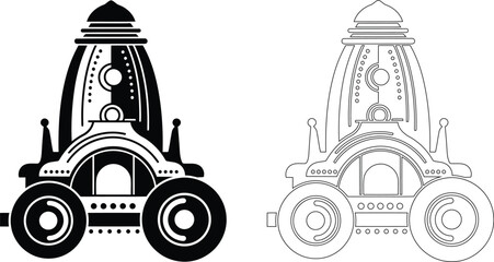 **টাইটেল:**    Black silhouette and outline icons of Jagannath rath yatra chariot with wheels, temple cart vector illustration © Apurba